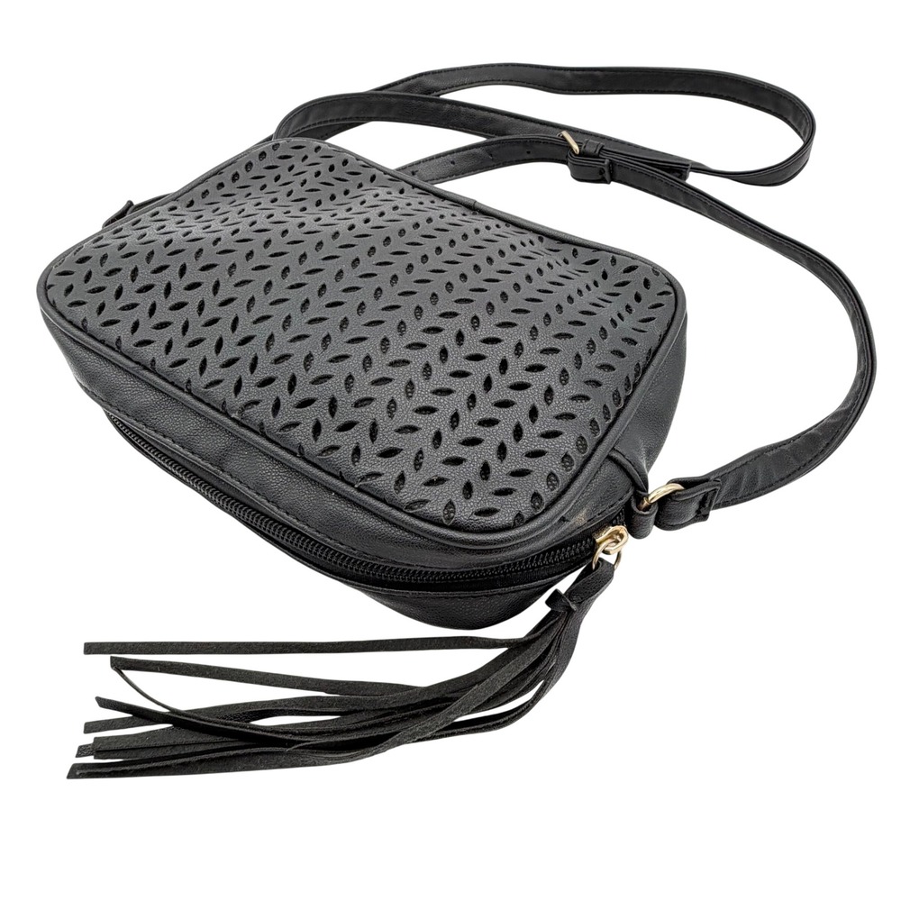 Summer & Rose Black Laser Cut Leaf Crossbody Bag Tassel Vegan Leather Camera Bag